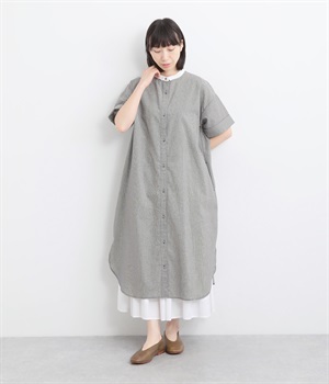 コットンリネンタッチクレリックワンピース(ブラック×ベージュ-L)