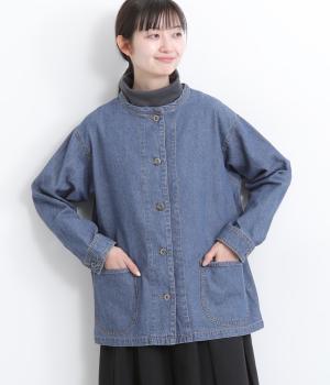 7.6ozデニムノーカラージャケット(サックス-M)