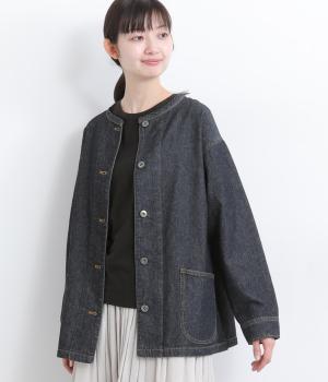 7.6ozデニムノーカラージャケット(ネイビー-L)