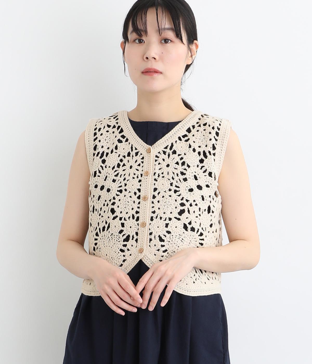 クロシェ編みニットベスト(ライトベージュ-M)