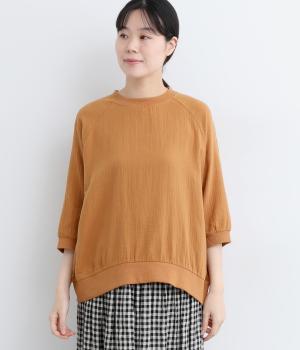 ダブルガーゼ　リブ使い5分袖プルオーバーシャツ(レンガ-L)