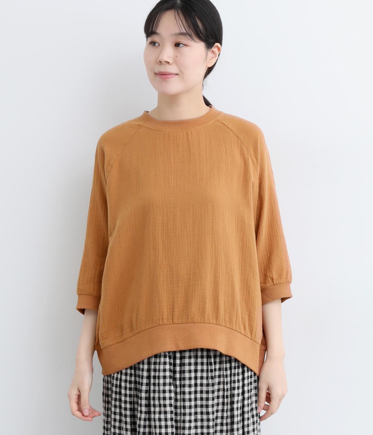 ダブルガーゼ　リブ使い5分袖プルオーバーシャツ(レンガ-M)