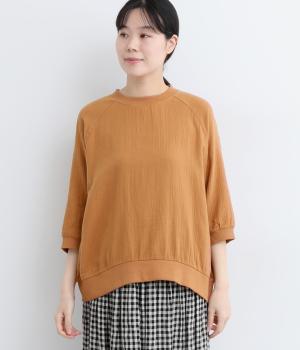 ダブルガーゼ　リブ使い5分袖プルオーバーシャツ(レンガ-M)