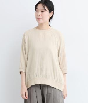 ダブルガーゼ　リブ使い5分袖プルオーバーシャツ(ライトベージュ-L)