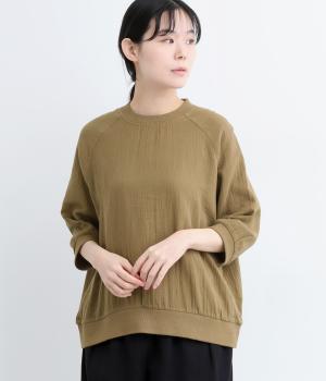 ダブルガーゼ　リブ使い5分袖プルオーバーシャツ(カーキ-L)