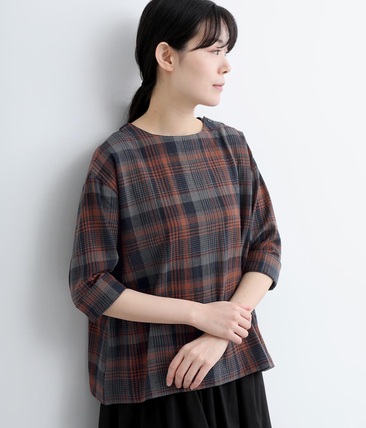 シワ加工 チェック 6分袖プルオーバーシャツ(レンガ×ネイビー-M)