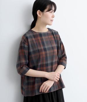 シワ加工 チェック 6分袖プルオーバーシャツ(レンガ×ネイビー-M)
