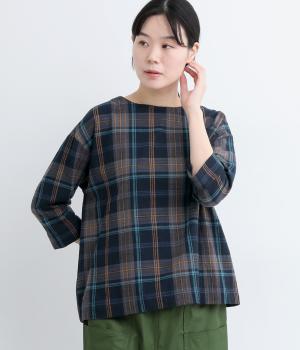 シワ加工 チェック 6分袖プルオーバーシャツ(ネイビー×ブルー-L)