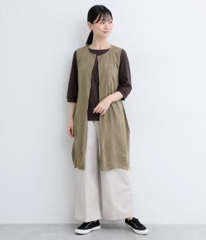 リネンタッチ　ロングニットノースリーブカーディガン(モカ-L)