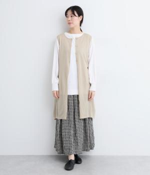 リネンタッチ　ロングニットノースリーブカーディガン(ライトベージュ-L)