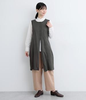 リネンタッチ　ロングニットノースリーブカーディガン(チャコール-L)