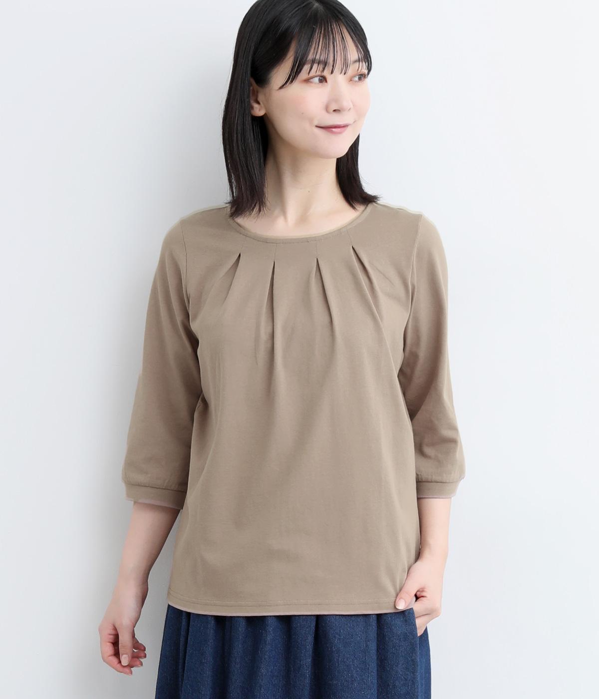 ＯＥ天竺　後布帛切替７分袖Ｔシャツ(モカ-M)