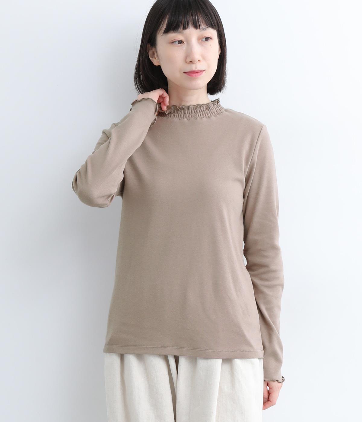 コットンスムース　襟シャーリング長袖Ｔシャツ(モカ-M)