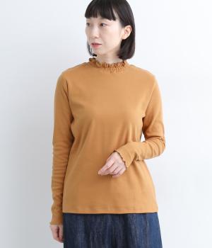 コットンスムース　襟シャーリング長袖Ｔシャツ(レンガ-L)