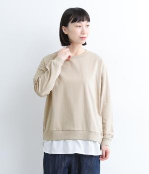 ＯＥ天竺　裾布帛フェイクレイヤード長袖Ｔシャツ(グレージュ-M)