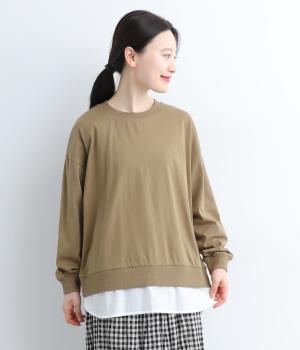 ＯＥ天竺　裾布帛フェイクレイヤード長袖Ｔシャツ(カーキ-L)