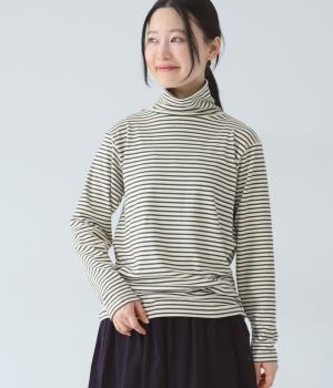 もちもちスムース　ボーダー長袖Ｔシャツ(モカ×アイボリー-L)