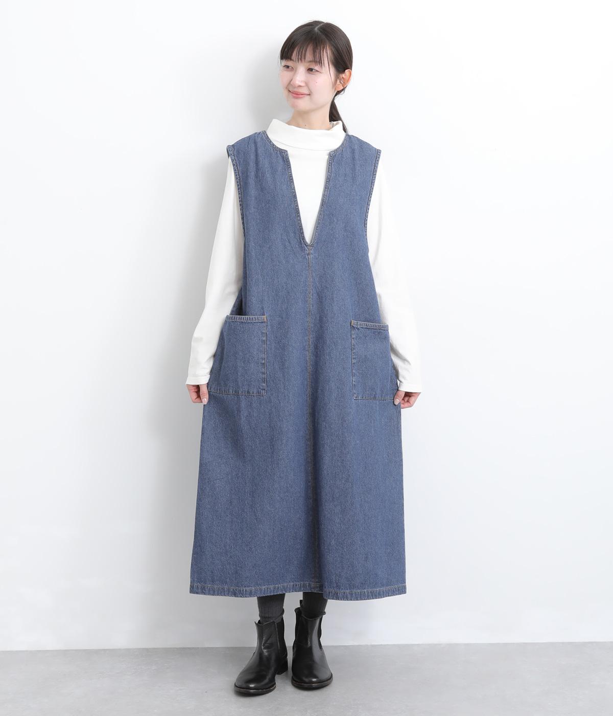 7.6ozデニムキーネックノースリーブワンピ(サックス-M)