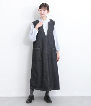 7.6ozデニムキーネックノースリーブワンピ(ネイビー-L)