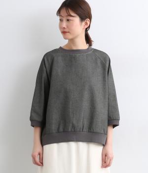 【Ouchi to Osoto】カポック混デニム調リブ付きPOシャツ(ブラック-M)