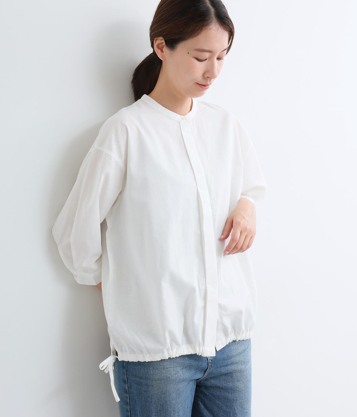 平織り裾リボンシャーリング7分袖シャツ(オフ-M)