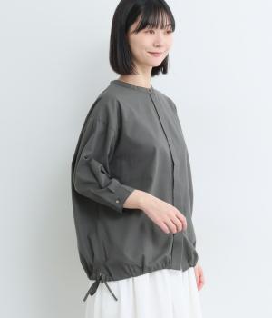 平織り裾リボンシャーリング7分袖シャツ(スミクロ-L)