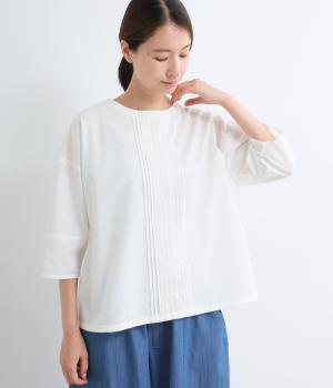 平織りピンタック入りランタン7分袖ブラウス(オフ-M)