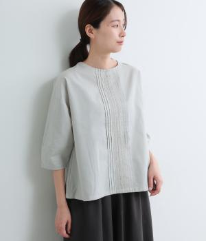 平織りピンタック入りランタン7分袖ブラウス(ミント-L)