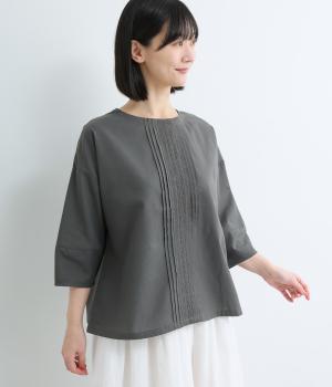 平織りピンタック入りランタン7分袖ブラウス(スミクロ-L)