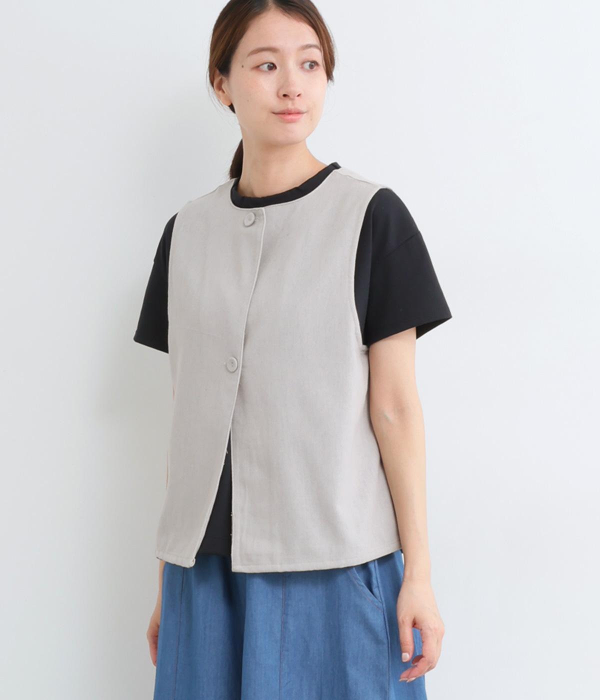 リネン入りダブルフロントベスト(グレージュ-M)