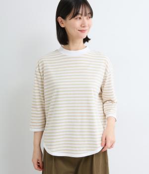 OE天竺ボーダー7分袖Ｔシャツ(ライトイエロー×オフ-L)