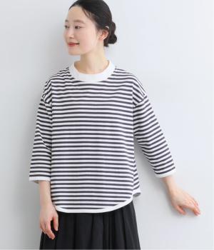 OE天竺ボーダー7分袖Ｔシャツ(ネイビー×オフ-L)