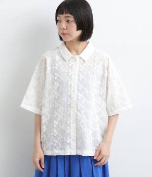 大人のときめきフラワーハーフスリーブシャツ(オフ-M)