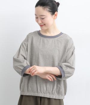 リネンタッチころんとかわいいハーフスリーブブラウス(ベージュ×ネイビー-L)