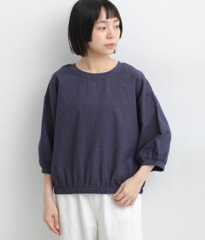 リネンタッチころんとかわいいハーフスリーブブラウス(ネイビー×ブルー-L)