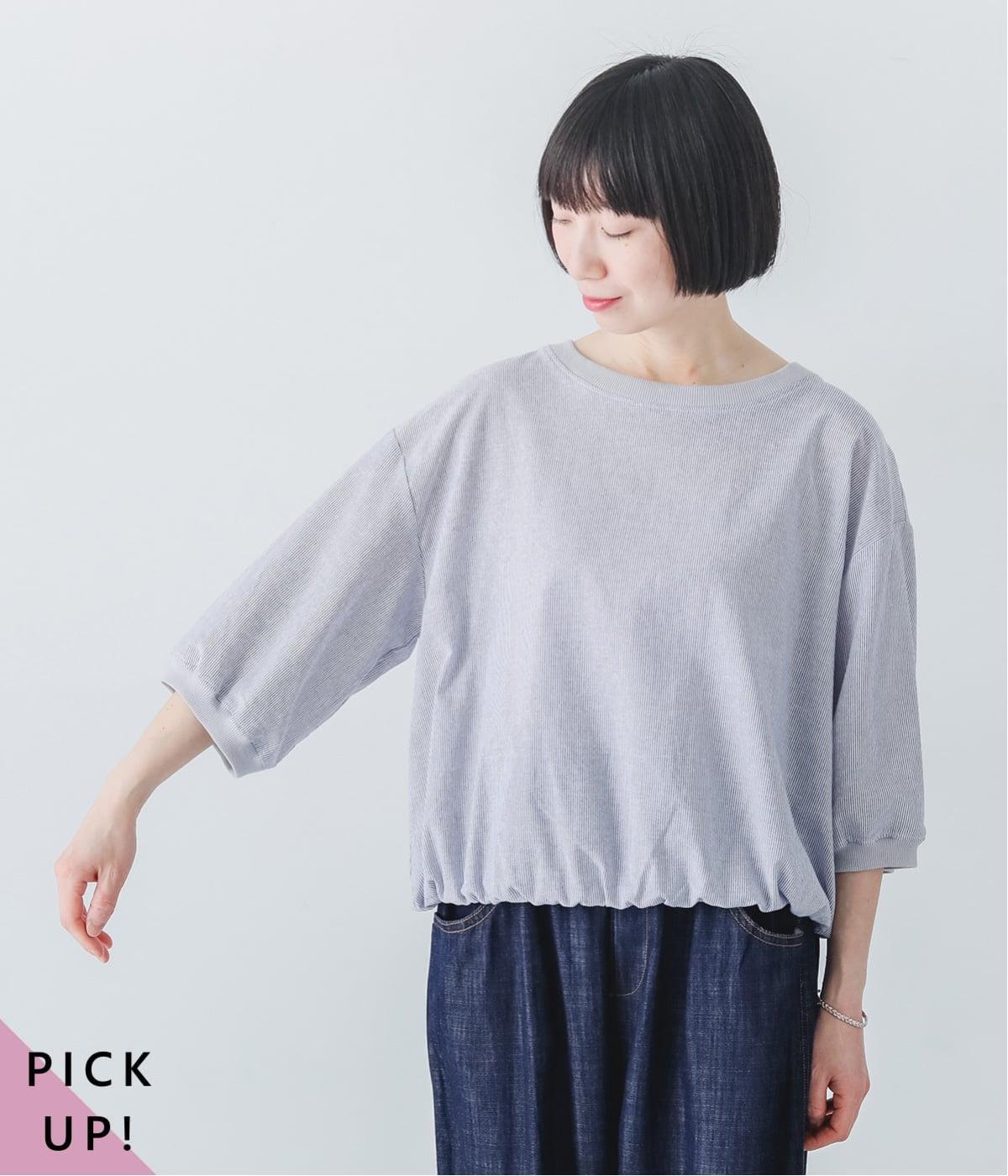 リネンタッチころんとかわいいハーフスリーブブラウス(オフ×ネイビー-M)