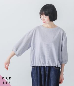 リネンタッチころんとかわいいハーフスリーブブラウス(オフ×ネイビー-M)