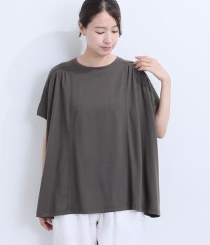 接触冷感ゆらめくギャザー半袖Tシャツ(スミクロ-L)