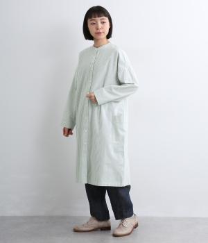 ソフトオックスバンドカラーワンピース(グリーン×オフ-L)