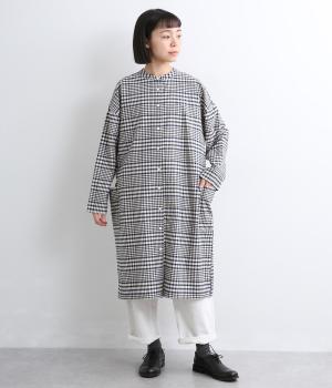 ソフトオックスバンドカラーワンピース(ネイビー×ライトベージュ-L)