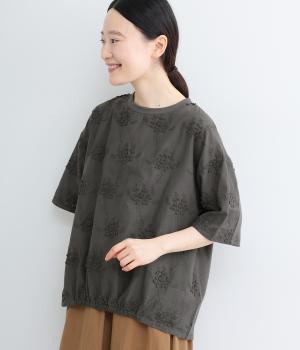 大人のときめきフラワー5分袖Tシャツ(スミクロ-L)