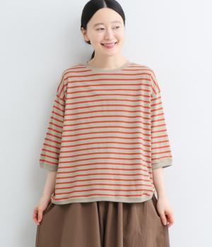 ナチュラルにこっくりボーダー6分袖Tシャツ(レッド×ライトベージュ-M)