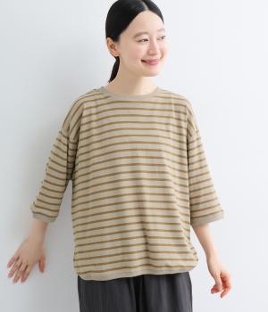 ナチュラルにこっくりボーダー6分袖Tシャツ(モカ×ライトベージュ-L)