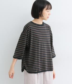 ナチュラルにこっくりボーダー6分袖Tシャツ(ブラウン×ネイビー-L)