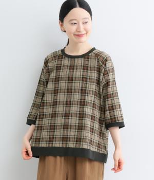 秋を先取り5分袖リブ使いプルオーバーシャツ(ベージュ系-L)