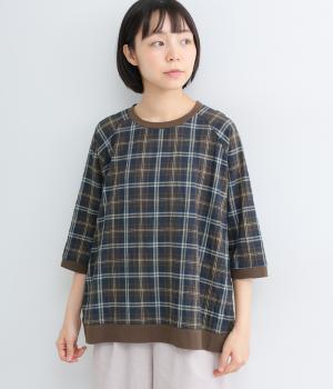 秋を先取り5分袖リブ使いプルオーバーシャツ(ネイビー系-L)