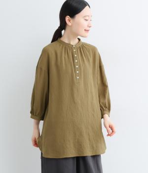 シンプルが嬉しい6分袖バンドカラーシャツチュニック(モカ-L)