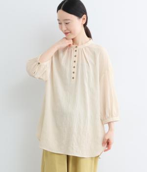 シンプルが嬉しい6分袖バンドカラーシャツチュニック(ベージュ-M)