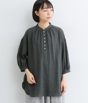 シンプルが嬉しい6分袖バンドカラーシャツチュニック(スミクロ-L)
