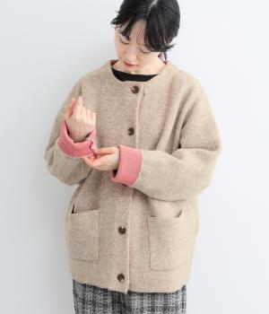 ぽわんと包まれるあったかWフェイスニットコート（ライトベージュ・L）